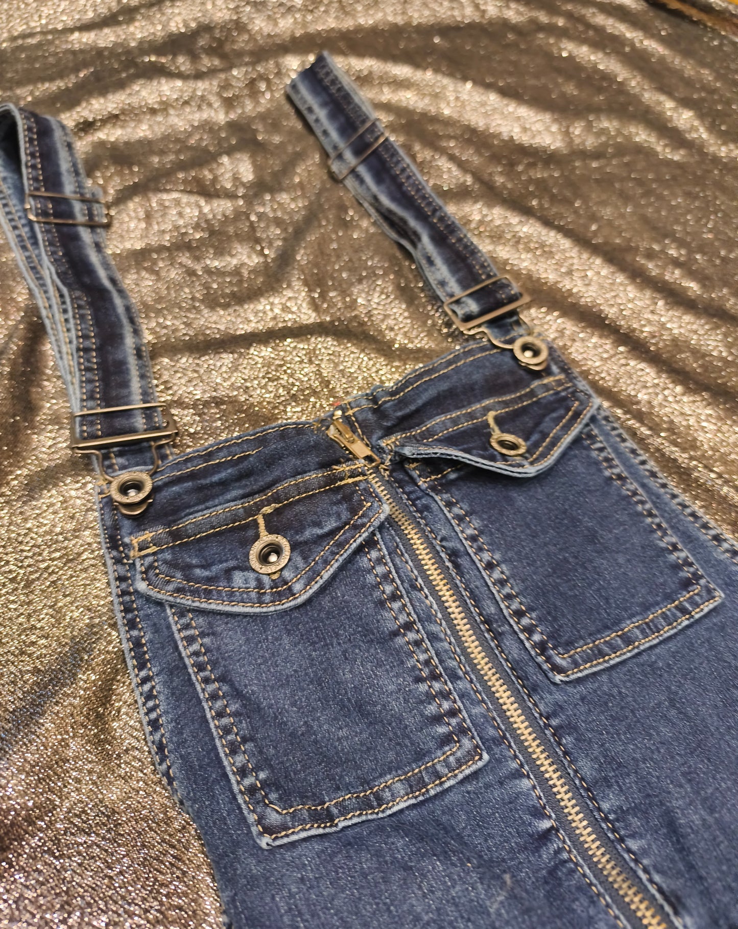 Mozzaar Forever Denim Overalls Jumpsuit Wide Leg Stretch Blue Bib Dungarees NWT