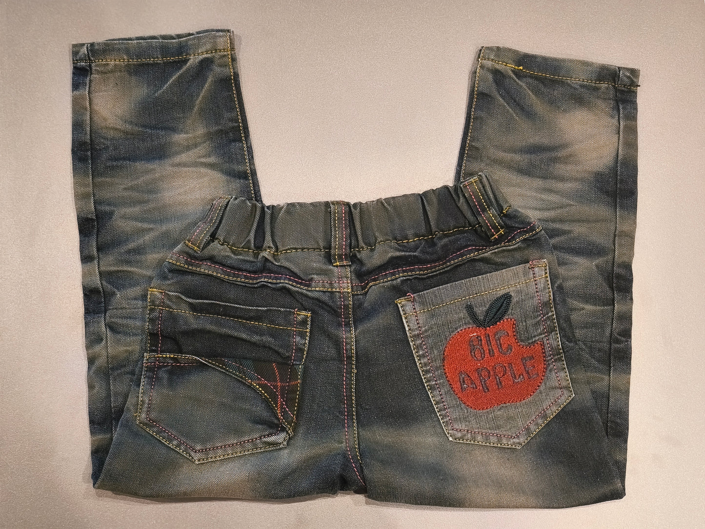Kids Vintage Style Distressed Acid Wash Jeans with "BIG APPLE" Patch & Contrast Stitching (Tag Size 20)