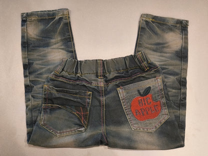 Kids Vintage Style Distressed Acid Wash Jeans with "BIG APPLE" Patch & Contrast Stitching (Tag Size 20)