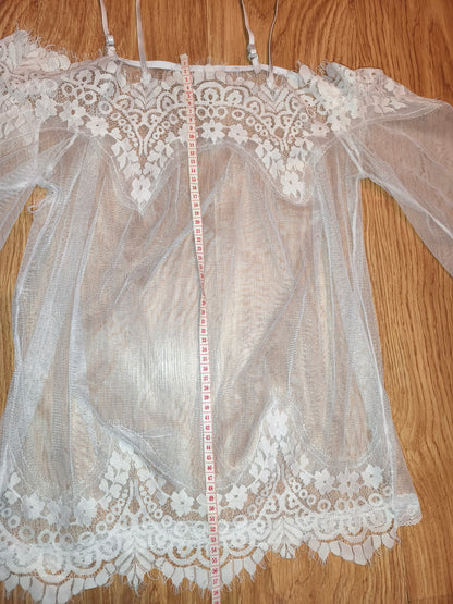 White Sheer Lace Off-Shoulder Top with Bell Sleeves & Cami Straps - Size M/L
