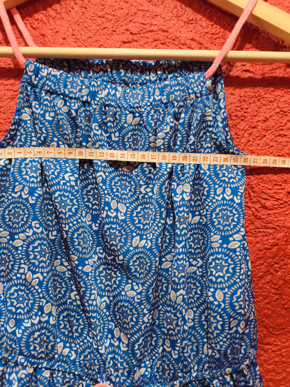Girls Printed Summer Playsuit / Romper with Pink Tassels – Blue Patterned