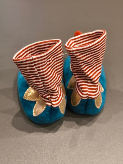 Merry Christmas Baby Elf Soft Booties / Slippers – Plush Blue & Red Gold Trim (Unisex)