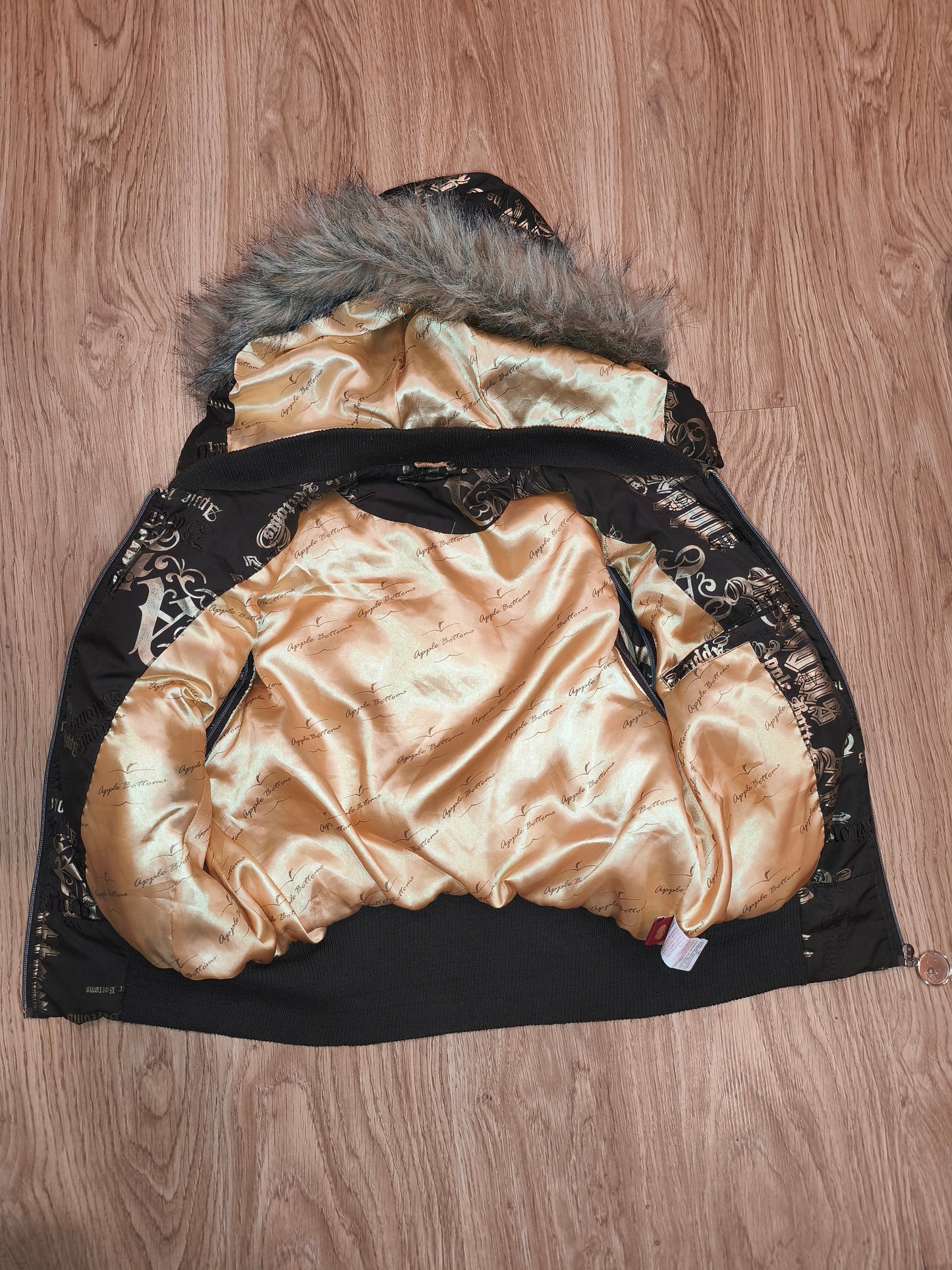 Rare VTG Apple Bottoms Real Down Puffer Vest Black Gold Satin McBling Hooded M