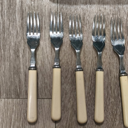 Vintage Sheffield Chrome Plate Cased Fish Cutlery Set 12Pc Faux Bone Knives Fork