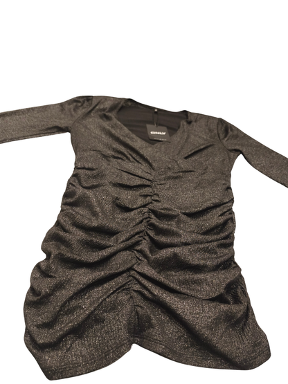 ONLY New Pella Wrap Foil Dress XL Gunmetal Silver Metallic Long SleeveRuchedMini