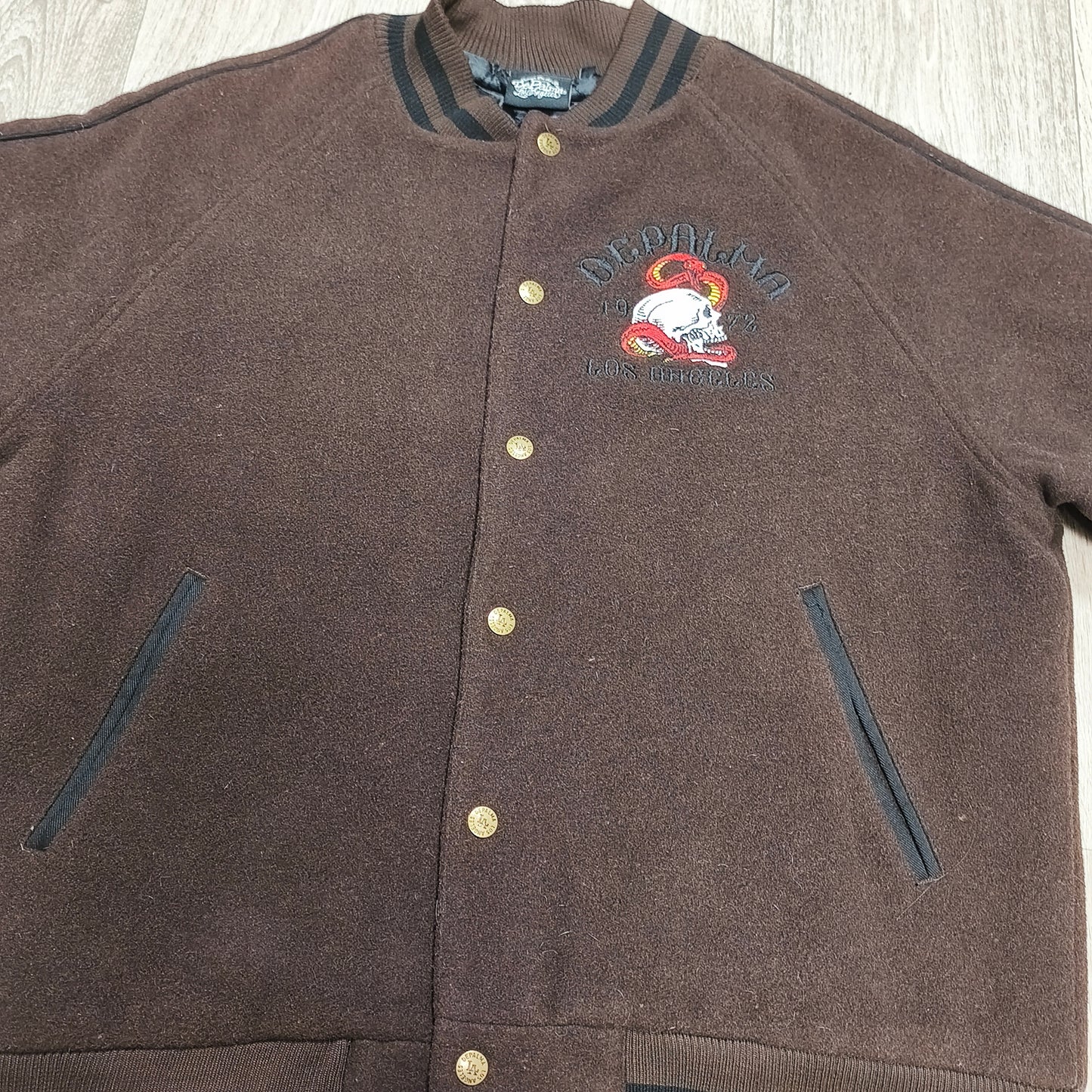 DePalma Los Angeles Varsity Bomber Jacket Mens L Brown Wool Blend Skull Snake