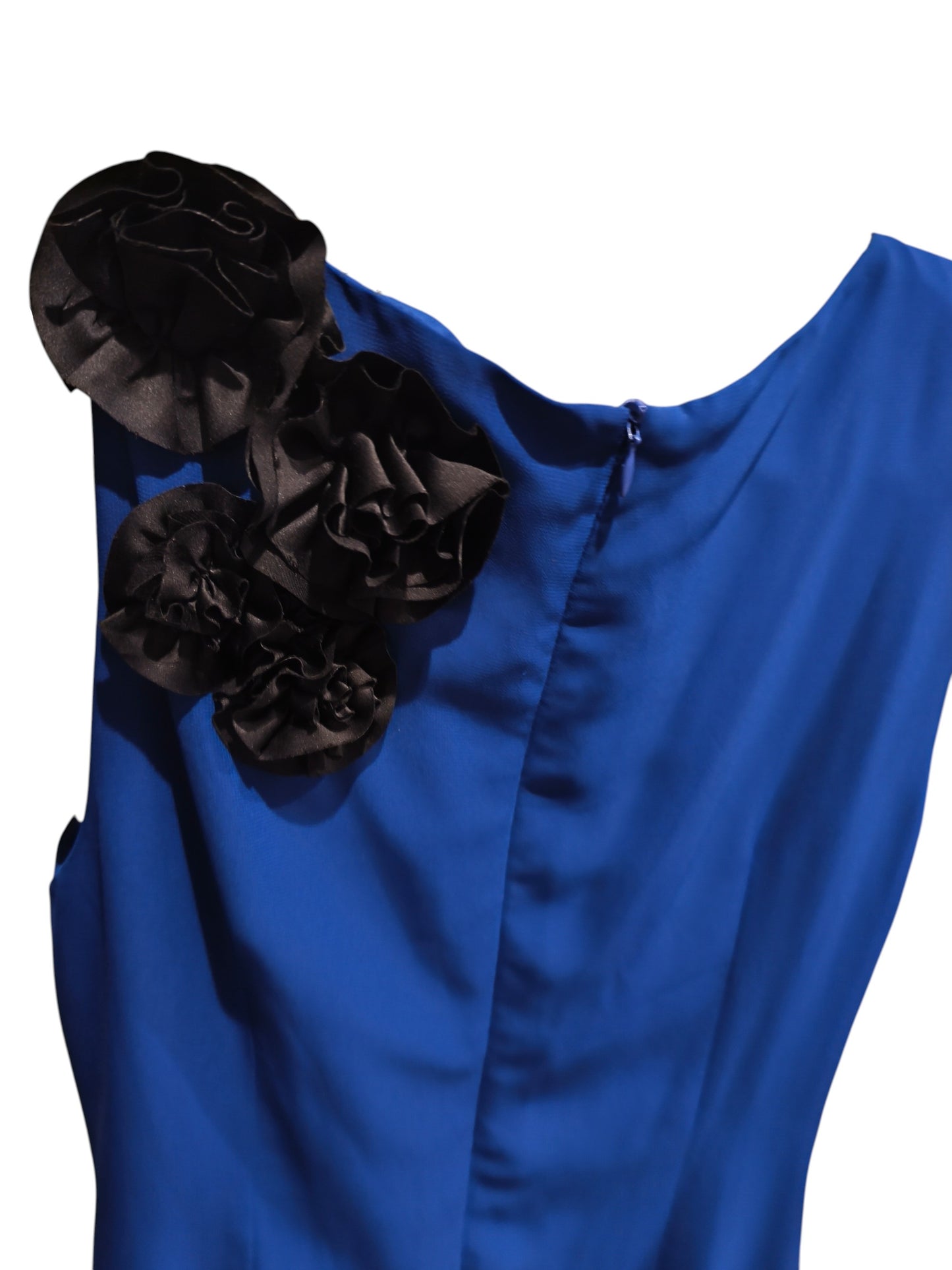 Almost Famous London Blue Shift Dress – Black 3D Floral Rosette Accents Size 10