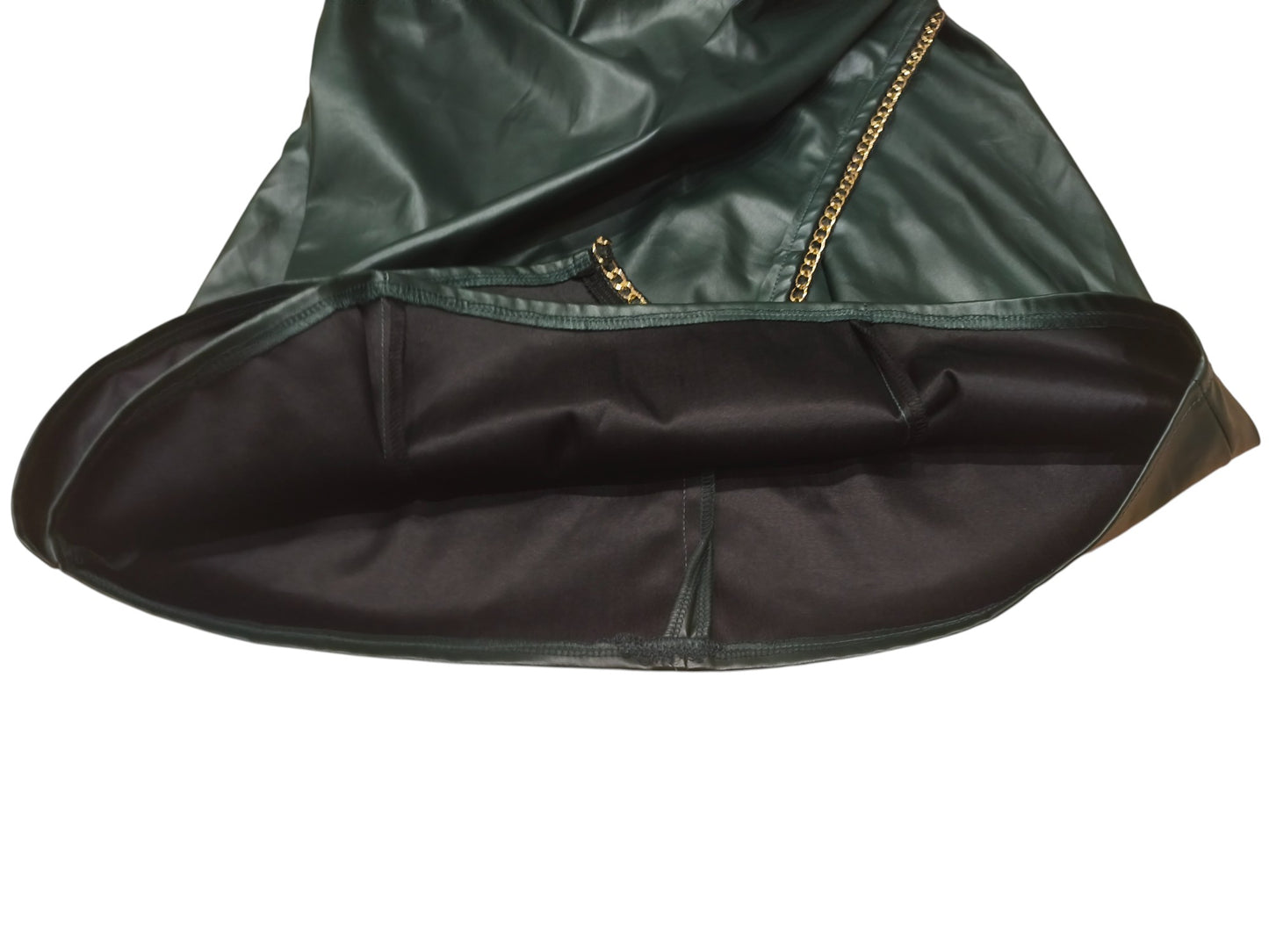 SHEIN Deep Green Faux Leather Mini Dress Gold Chain Straps Size L / EU 42