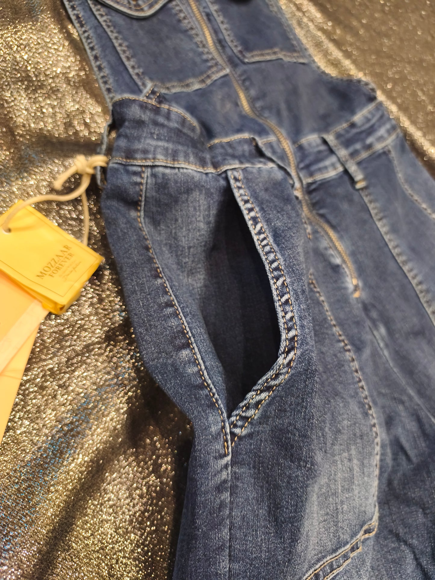 Mozzaar Forever Denim Overalls Jumpsuit Wide Leg Stretch Blue Bib Dungarees NWT