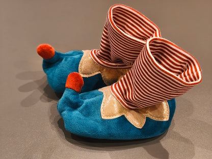 Merry Christmas Baby Elf Soft Booties / Slippers – Plush Blue & Red Gold Trim (Unisex)