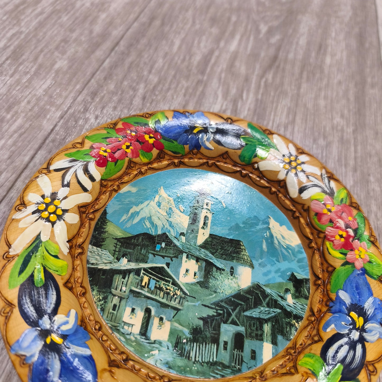 Vintage Hand Painted Wooden Wall Plate Innsbruck Alpine Landscape Flowers