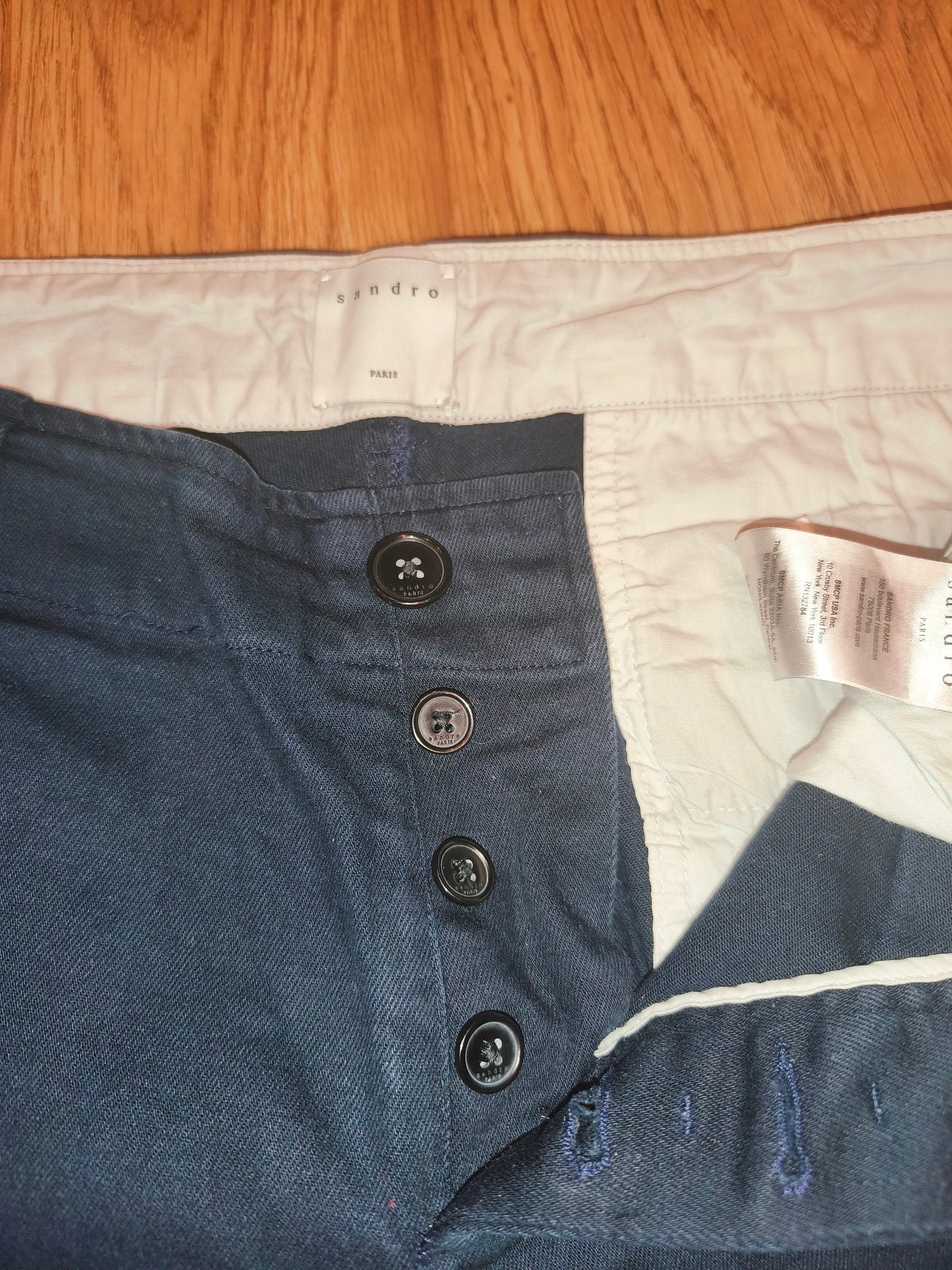 Sandro Paris Men's Navy Blue Chino Pants Size 44 Cotton Blend Button Fly Slim