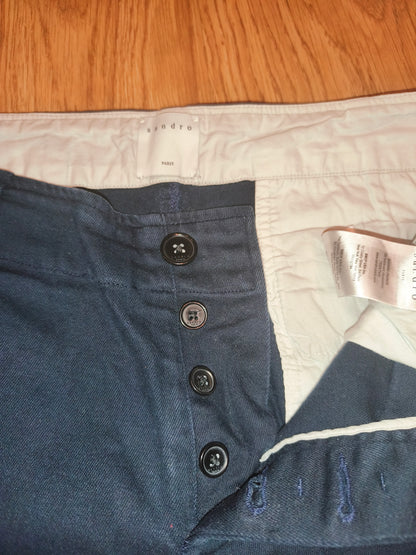 Sandro Paris Men's Navy Blue Chino Pants Size 44 Cotton Blend Button Fly Slim