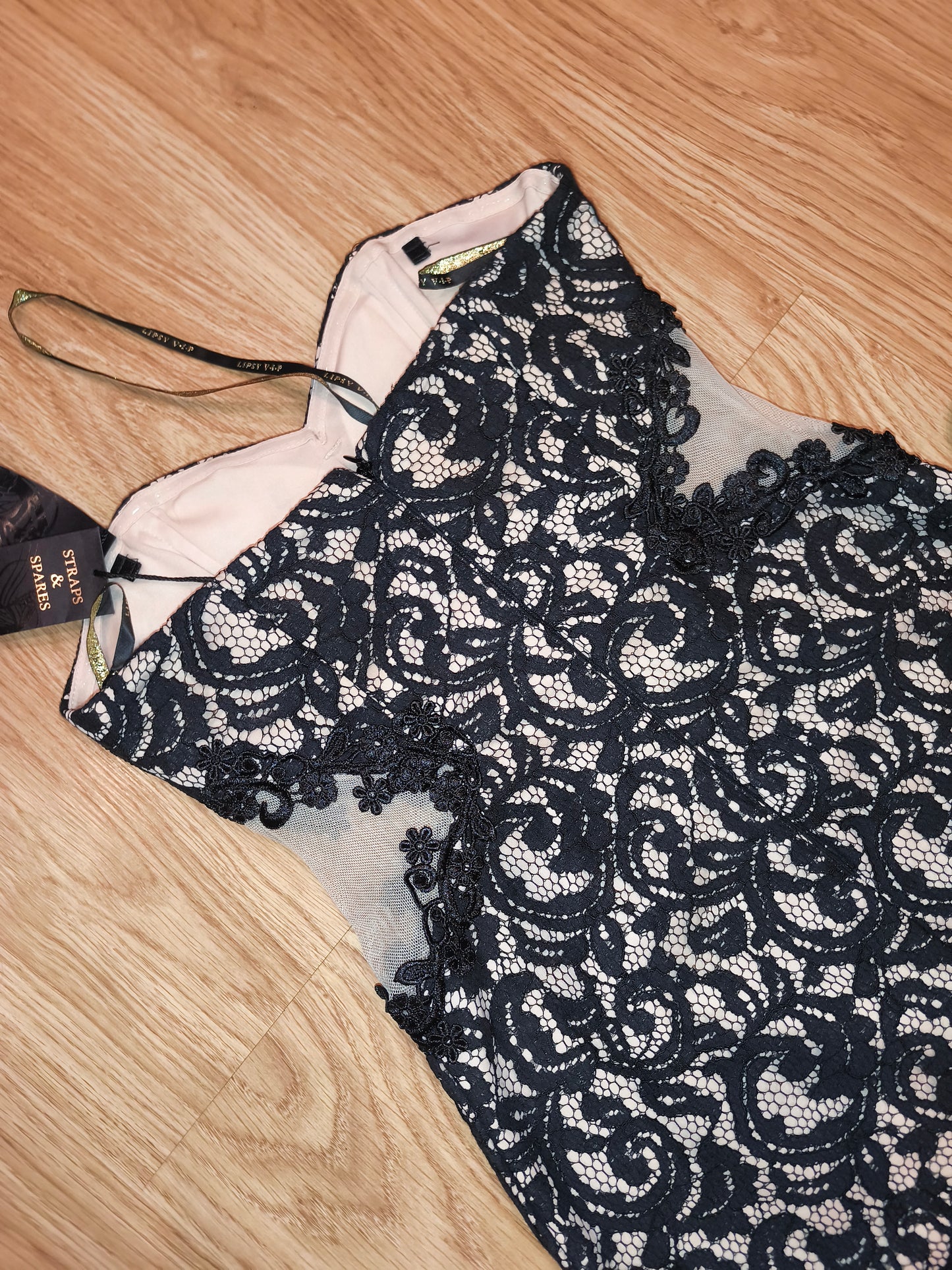 NWT Lipsy London VIP Lace Cocktail Dress – Black & Nude Strapless Bodycon, UK 10 / EU 38