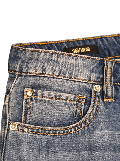 Gaudi Jeans Women's Sz 27 Blue Embellished Rhinestone Cuff Girlfriend Denim Jean