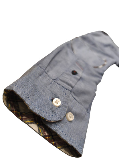 Tommy Hilfiger Shirt Mens Medium Blue Oxford Plaid Elbow Patches New York Fit