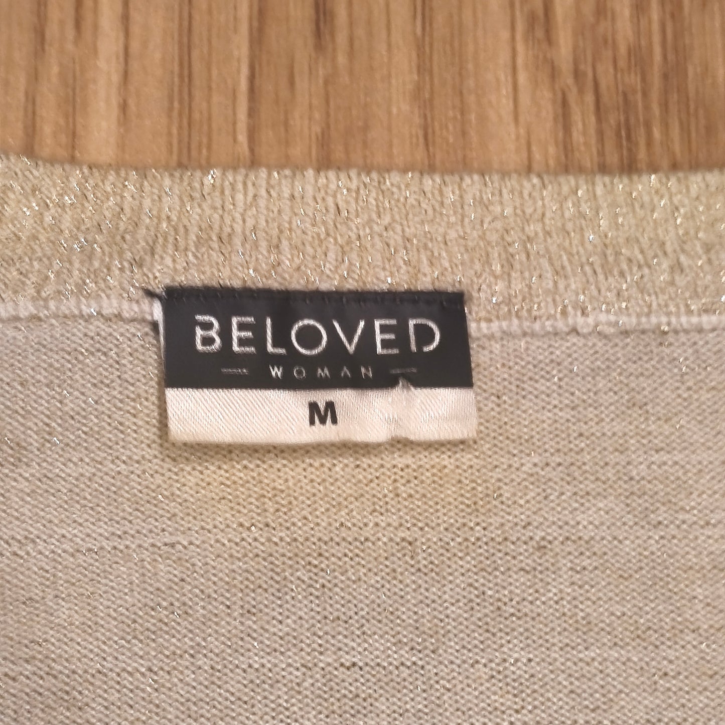 BELOVED WOMAN Gold Metallic Shimmer V-Neck Sweater Size M 3/4 Sleeve Knit Top