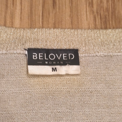 BELOVED WOMAN Gold Metallic Shimmer V-Neck Sweater Size M 3/4 Sleeve Knit Top