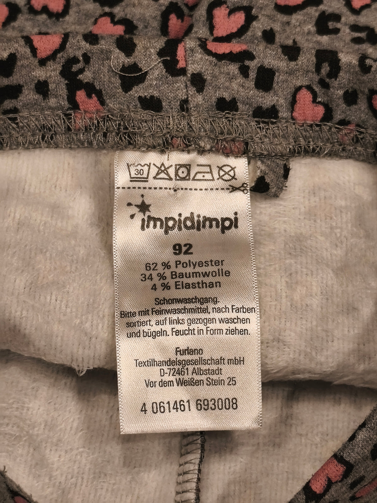 Impidimpi Baby Girls Fleece Lined Leopard & Heart Print Leggings | Size 92 (1.5–2Y)