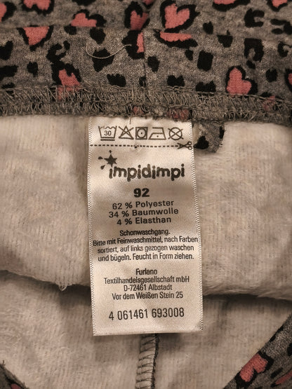 Impidimpi Baby Girls Fleece Lined Leopard & Heart Print Leggings | Size 92 (1.5–2Y)