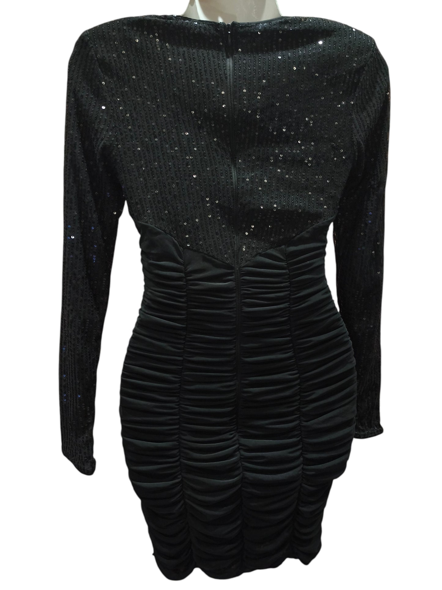 SHEIN BAE Black Sequin Ruched Bodycon Mini Dress Long Sleeve Size S Sparkly