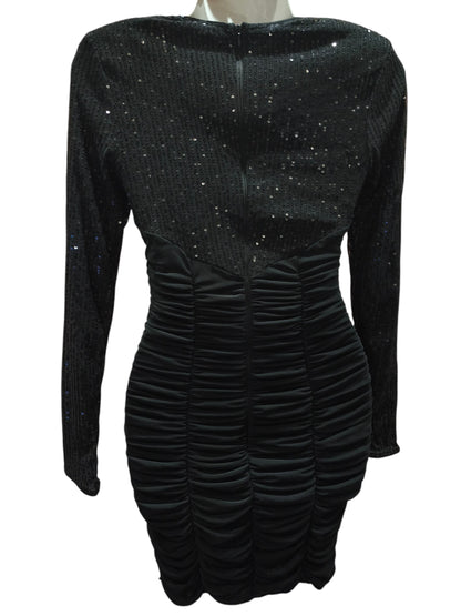 SHEIN BAE Black Sequin Ruched Bodycon Mini Dress Long Sleeve Size S Sparkly