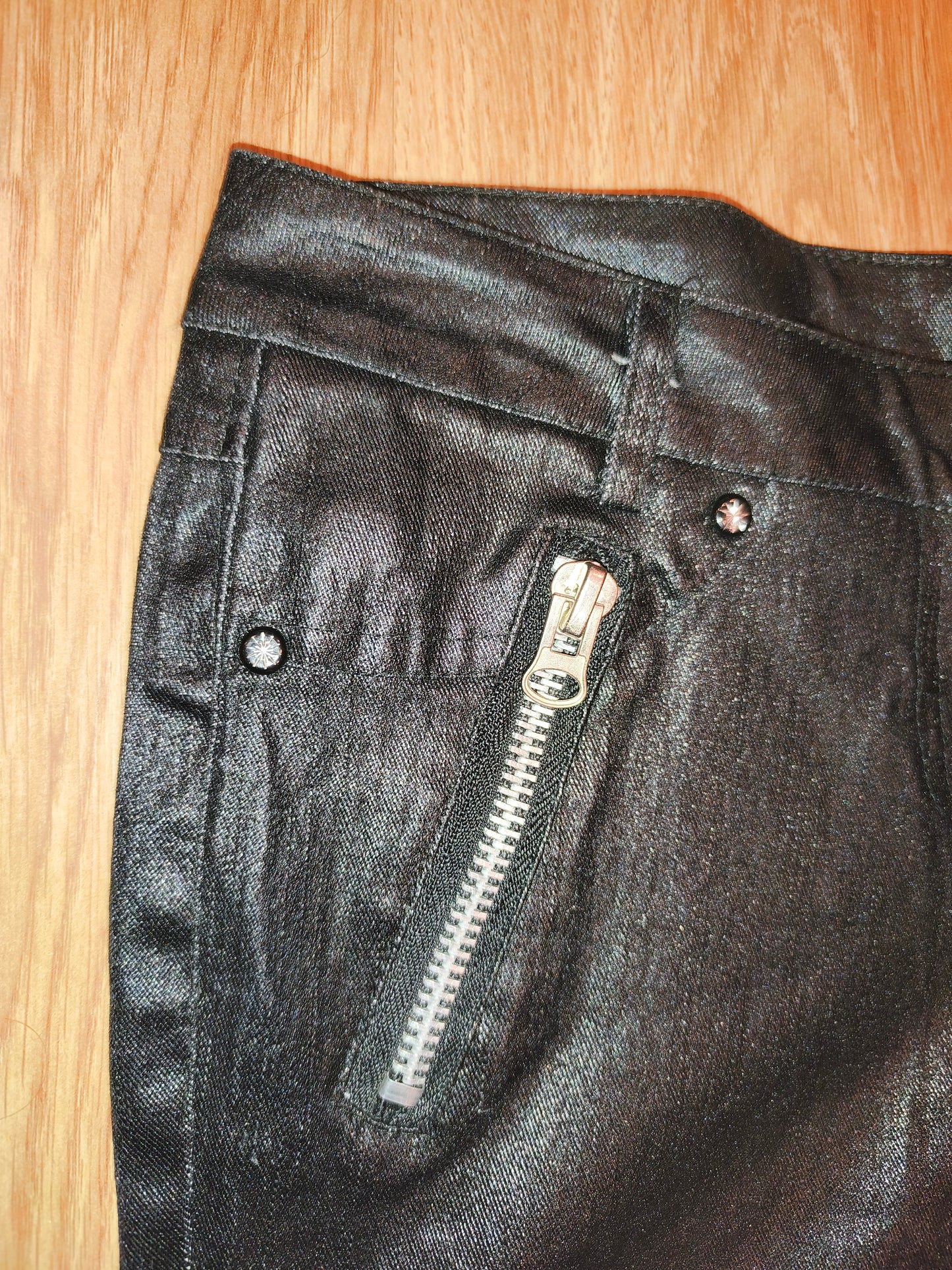 Vintage Y2K Coated Black Zip Pants – Cyber Grunge Punk Waxed Denim (Size 13 / XS-S)