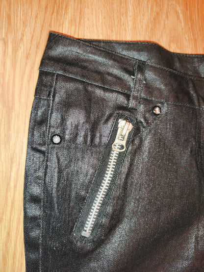 Vintage Y2K Coated Black Zip Pants – Cyber Grunge Punk Waxed Denim (Size 13 / XS-S)