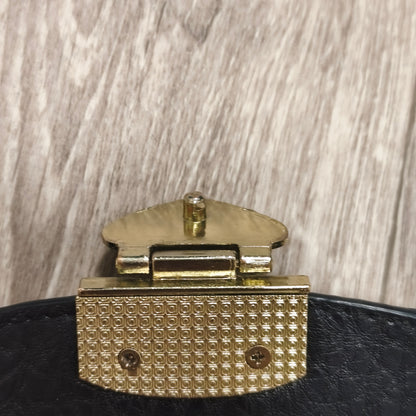 Black Textured Faux Leather Flap Crossbody Shoulder Bag Gold Hardware Lock