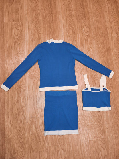 Knit 3 Piece Skirt Set Royal Blue White Cardigan Crop Top Mini Skirt Med/Small