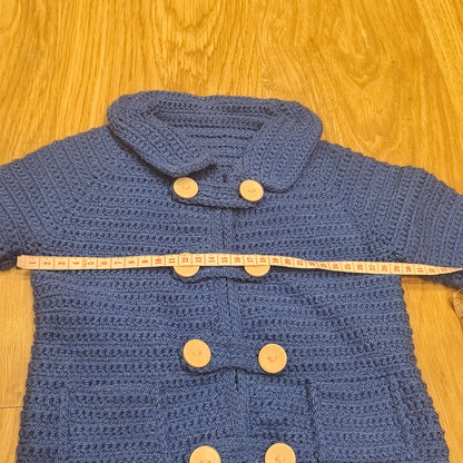 Handmade Blue Crochet Double Breasted Cardigan Sweater Coat Jacket