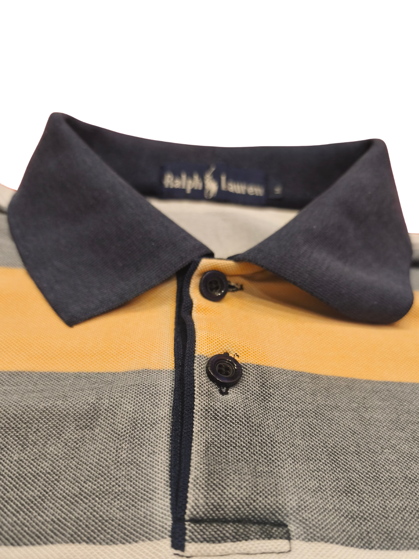 Vtg 90s Ralph Lauren Polo Shirt Medium M Striped Rugby Yellow Navy Grey Pique