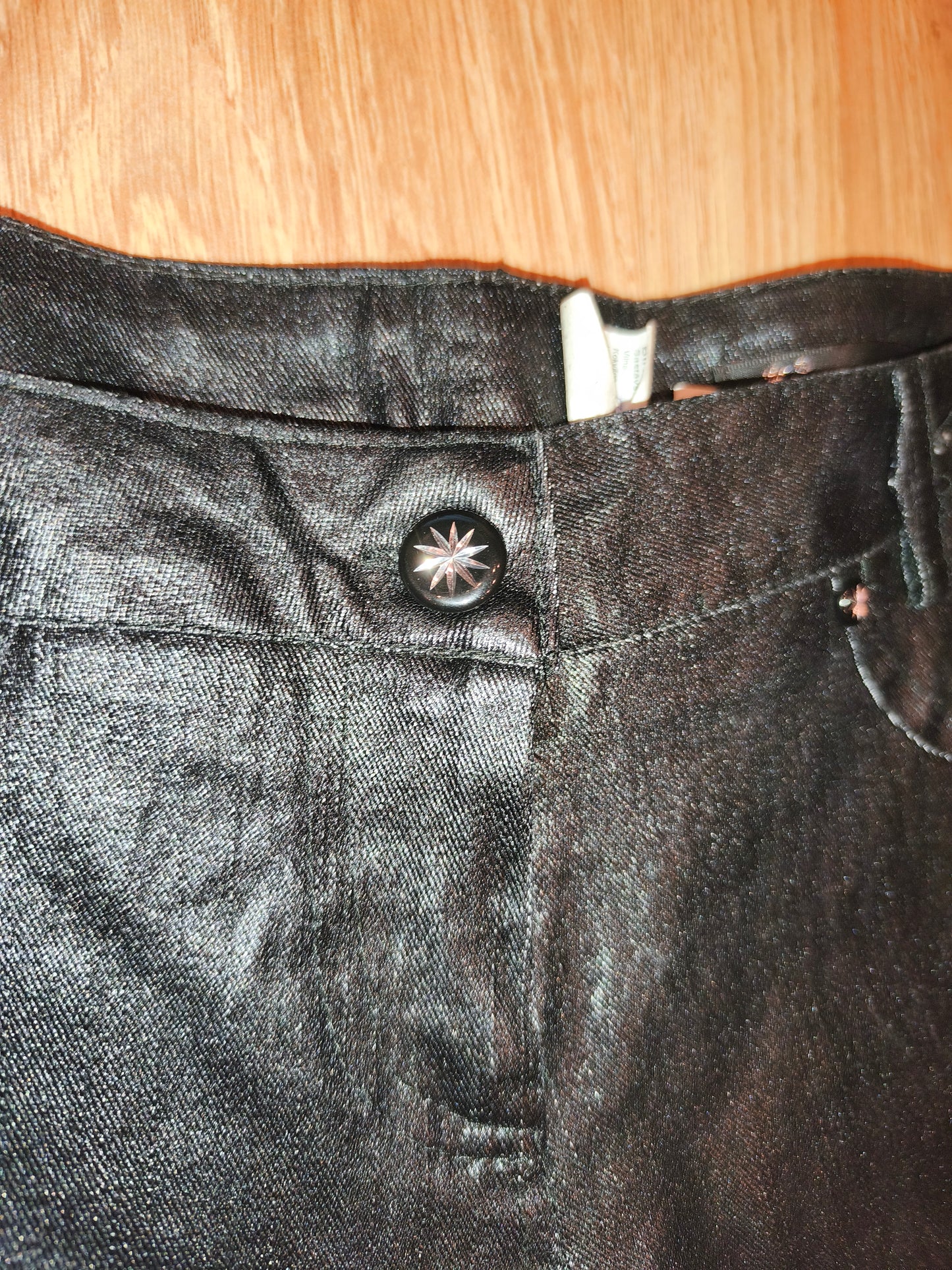 Vintage Y2K Coated Black Zip Pants – Cyber Grunge Punk Waxed Denim (Size 13 / XS-S)