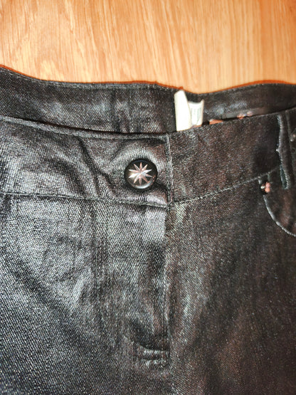 Vintage Y2K Coated Black Zip Pants – Cyber Grunge Punk Waxed Denim (Size 13 / XS-S)