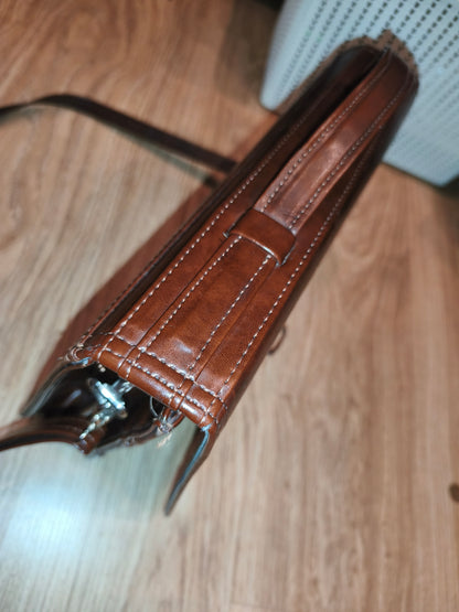 Vintage Style Brown Faux Leather Messenger Bag / Business Briefcase with Multiple Compartments