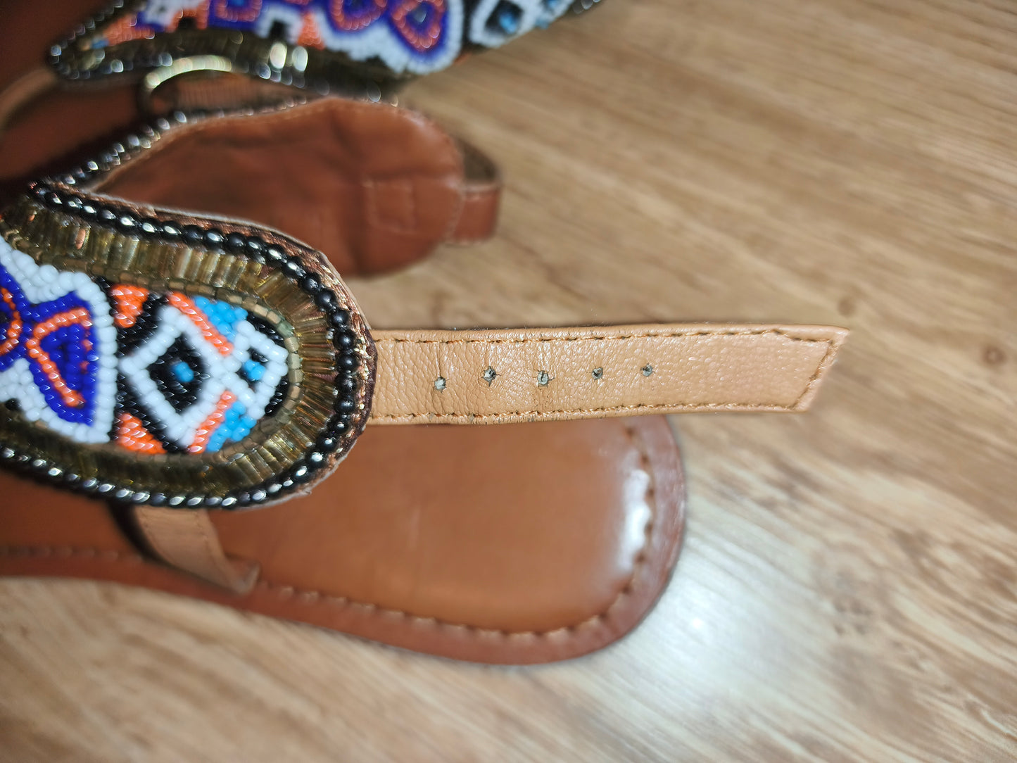 Women's Boho Vibrant Beaded Ankle-Strap Flat Sandals – Brown / Multicolor (Size EU 38 / UK 5)
