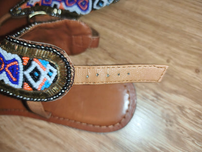 Women's Boho Vibrant Beaded Ankle-Strap Flat Sandals – Brown / Multicolor (Size EU 38 / UK 5)