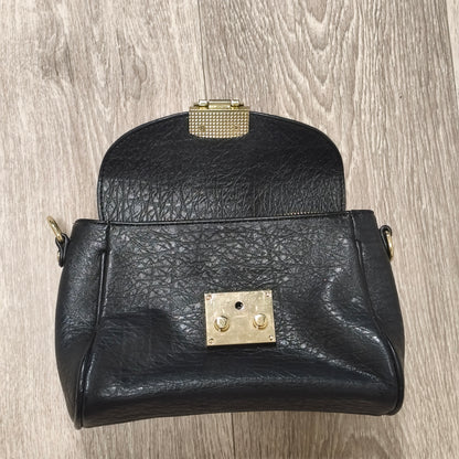 Black Textured Faux Leather Flap Crossbody Shoulder Bag Gold Hardware Lock