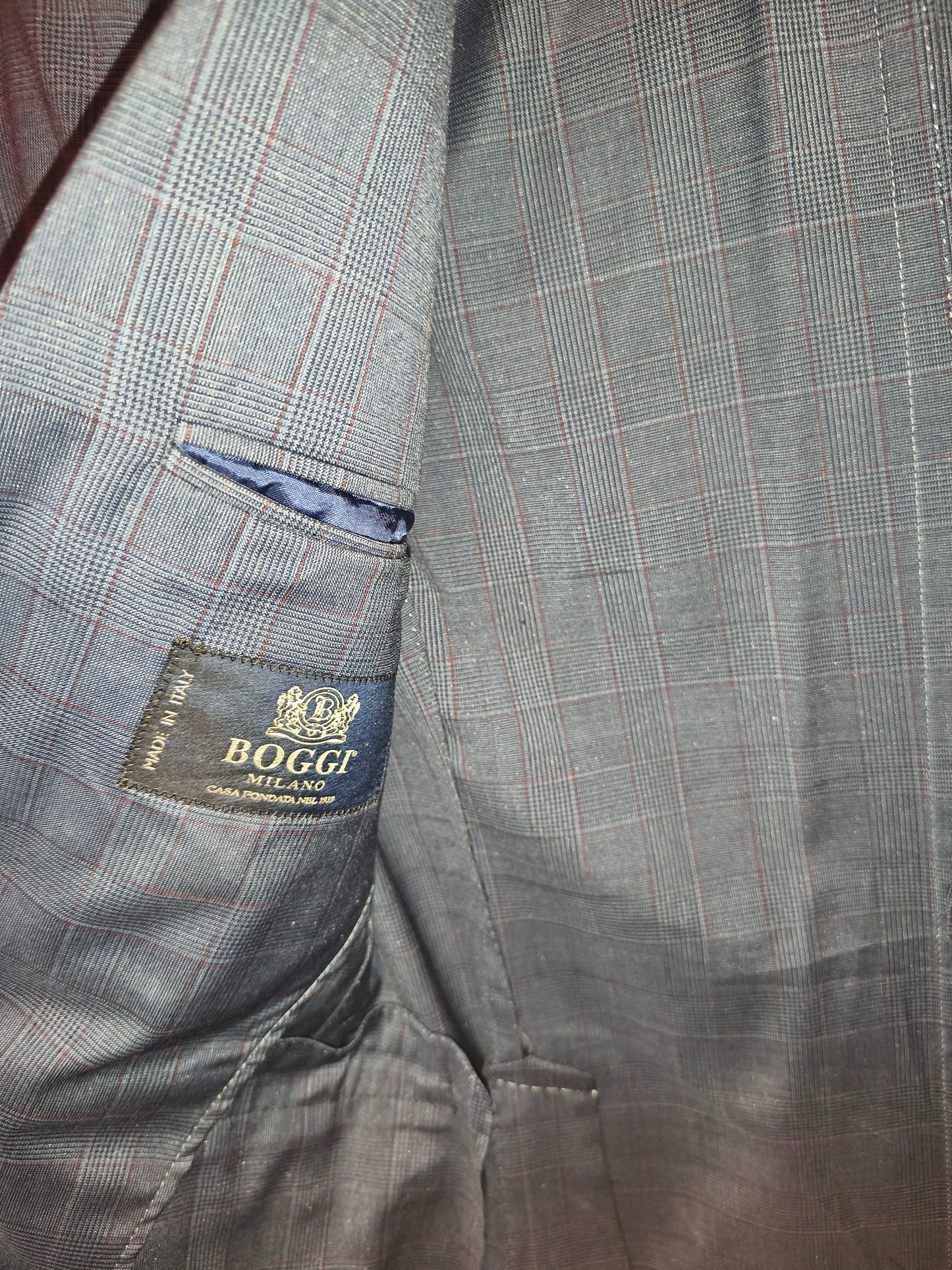 Boggi Milano Men's Blue Plaid Wool Silk Mohair Blazer Jacket - Guabello Fabric (Size EU 46R / US 36R)
