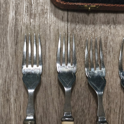 Vintage Sheffield Chrome Plate Cased Fish Cutlery Set 12Pc Faux Bone Knives Fork