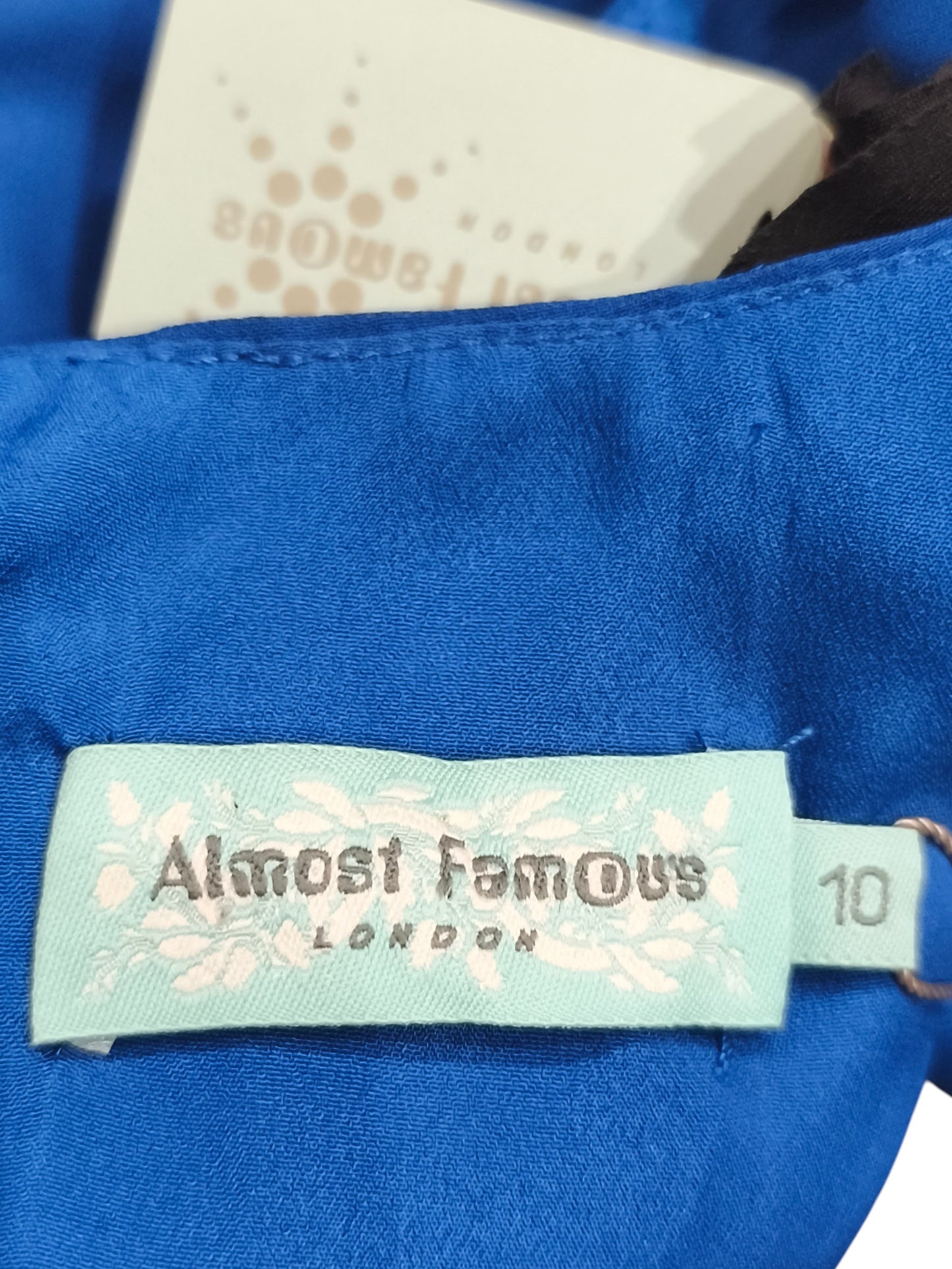 Almost Famous London Blue Shift Dress – Black 3D Floral Rosette Accents Size 10