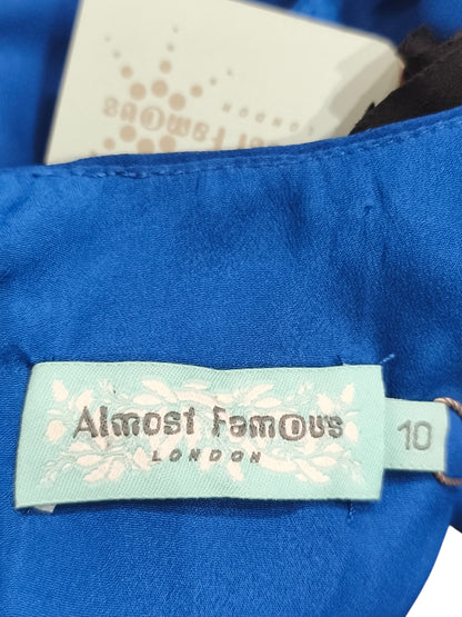 Almost Famous London Blue Shift Dress – Black 3D Floral Rosette Accents Size 10