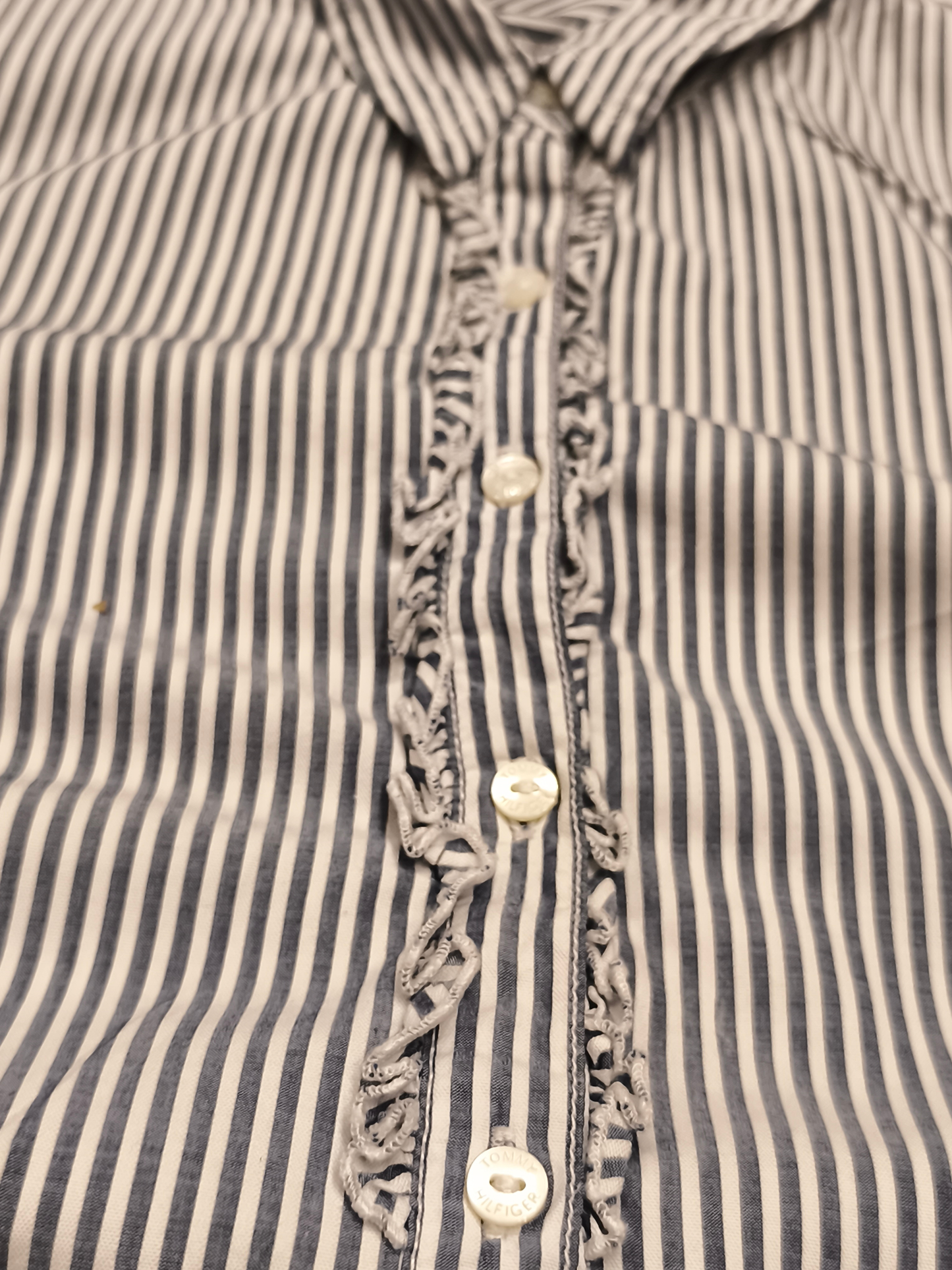 Tommy Hilfiger Women's Blue/White Striped Ruffle Button-Down Shirt - Size 10 - F