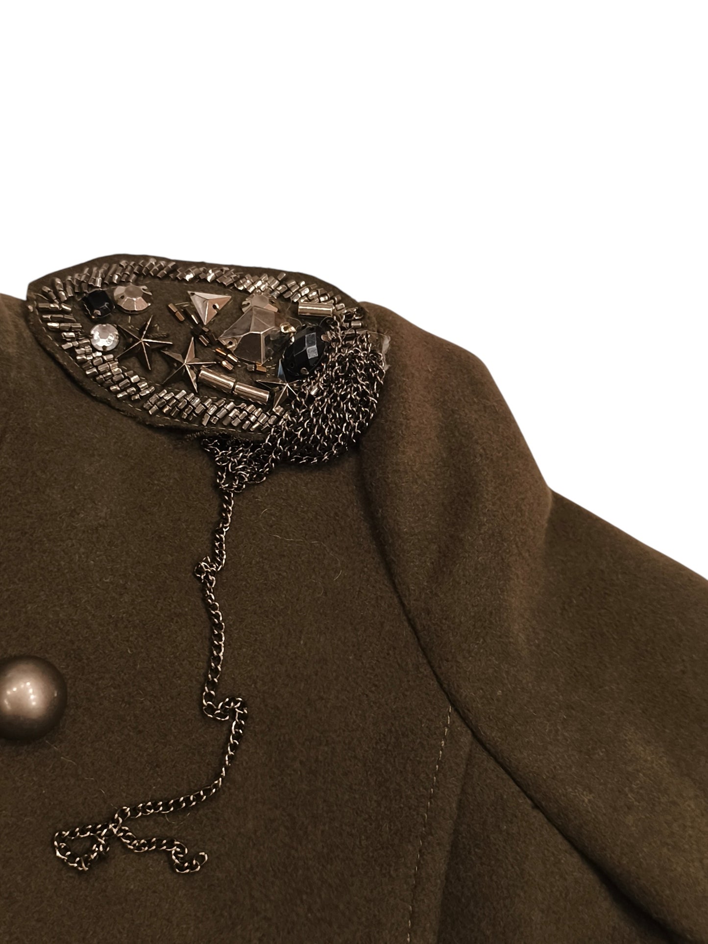 To Be Too Girls Military Coat Olive Green Embellished Pleated Back Size 26