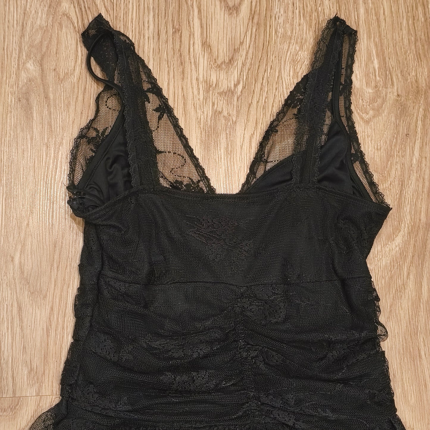 Laura Scott Black Lace Mini Dress V-Neck Lined Ruched Bodycon Party UK 12 D 38