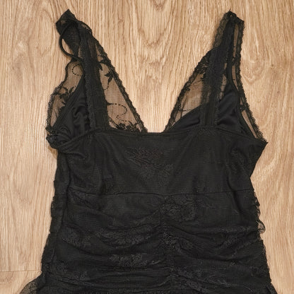 Laura Scott Black Lace Mini Dress V-Neck Lined Ruched Bodycon Party UK 12 D 38