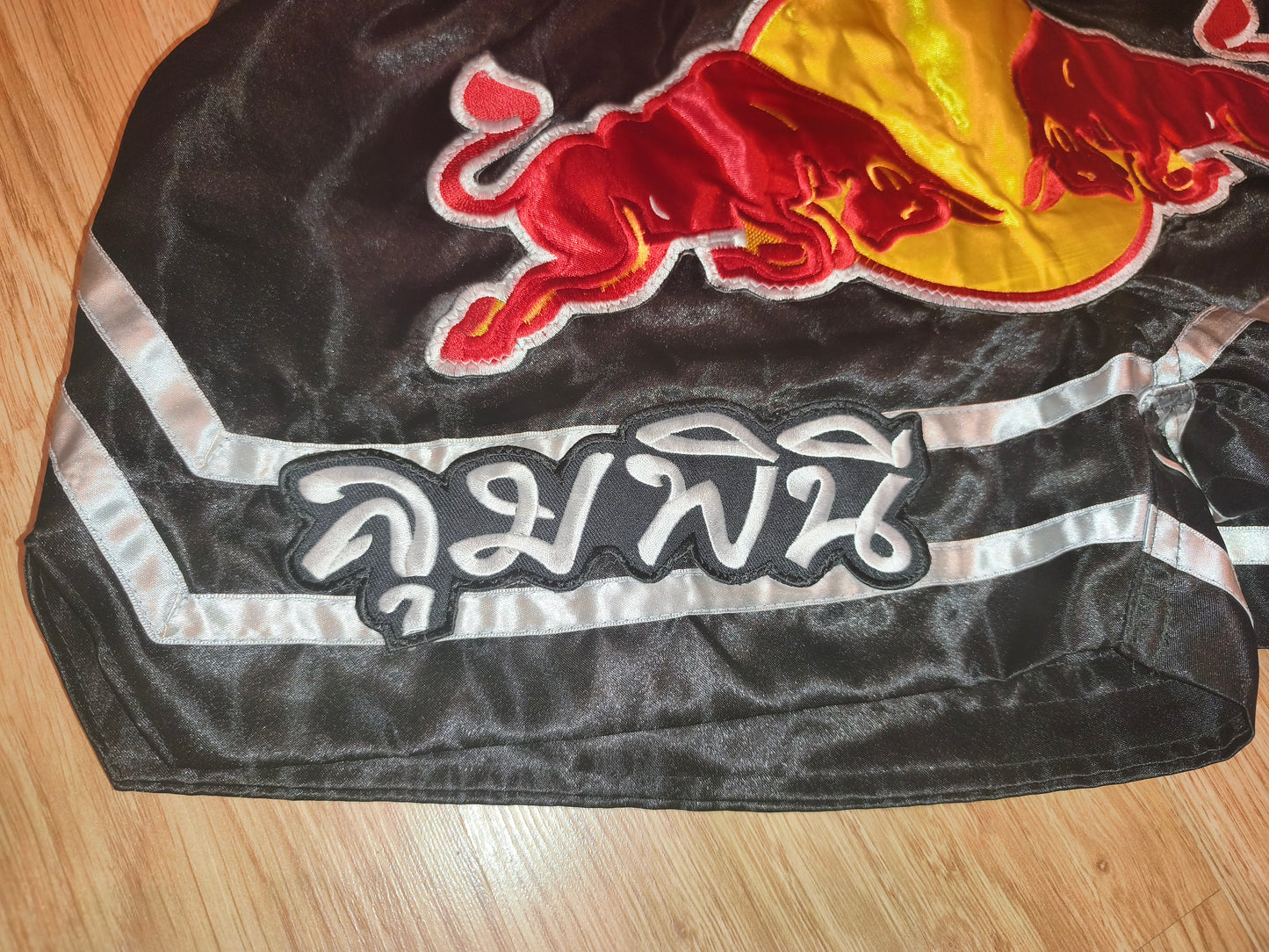 Authentic Lumpinee Muay Thai Shorts Black & Red Bull Patch – Size L