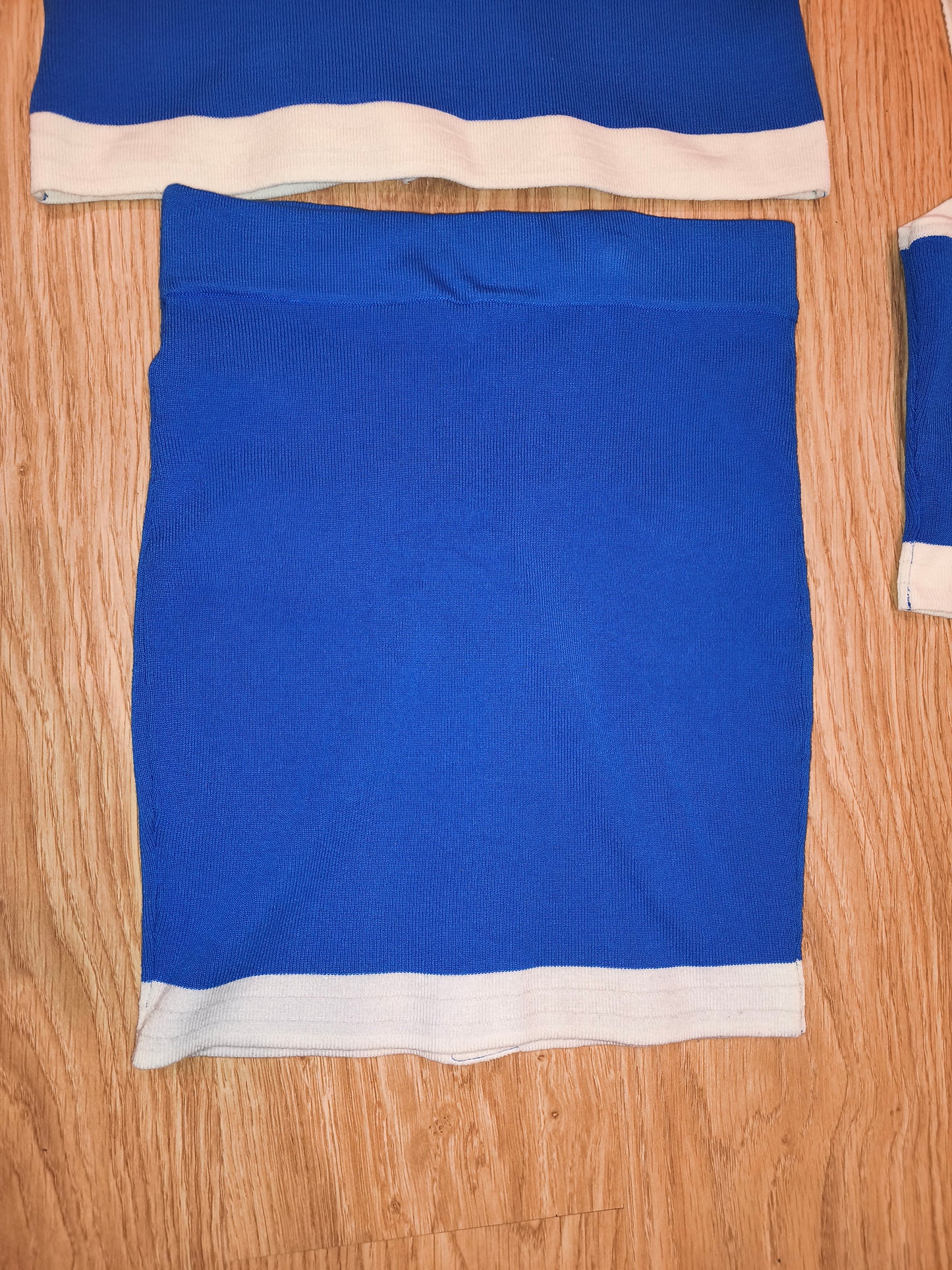 Knit 3 Piece Skirt Set Royal Blue White Cardigan Crop Top Mini Skirt Med/Small