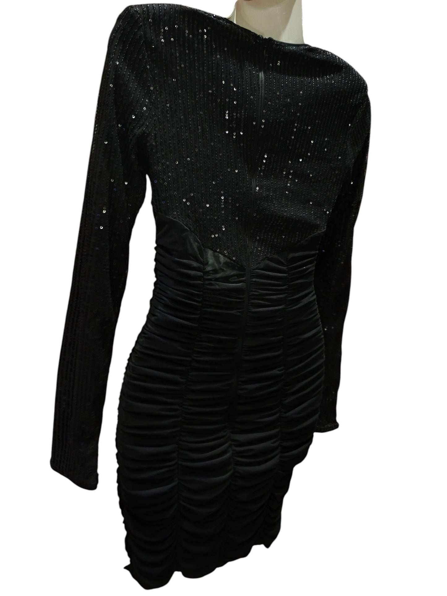 SHEIN BAE Black Sequin Ruched Bodycon Mini Dress Long Sleeve Size S Sparkly