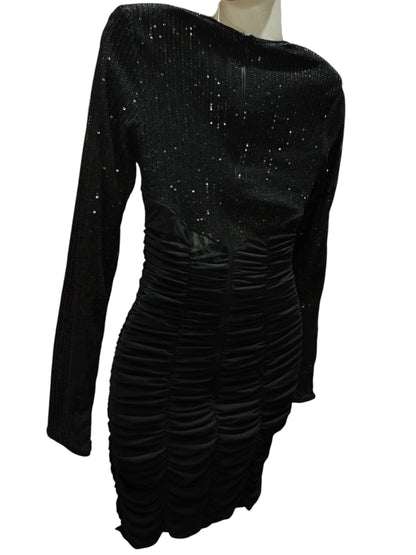 SHEIN BAE Black Sequin Ruched Bodycon Mini Dress Long Sleeve Size S Sparkly